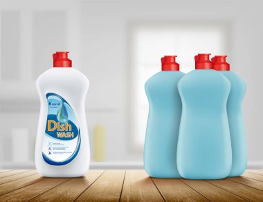 Plastik bir şişede bulaşık deterjanı. Bulaşık için iki deterjan karşılaştırması. Vektör illüstrasyonu.