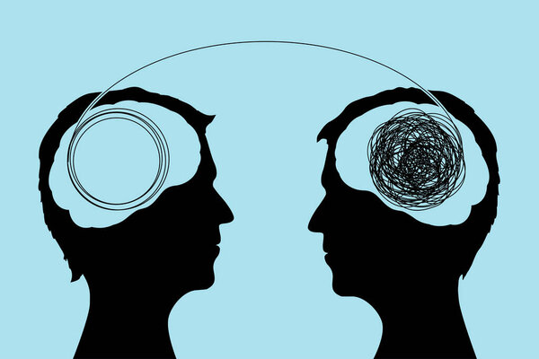 Силуэт человеческой головы с запутанным клубком ниток внутри. Психология и психическое здоровье. Векторная иллюстрация