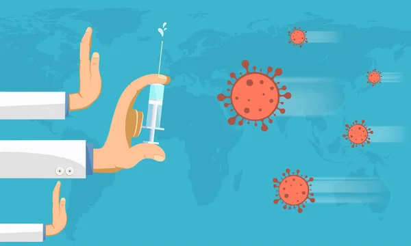 Arzt Hand Mit Impfstoffspritze Und Covid Virus Vektorillustration — Stockvektor
