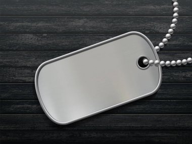 Siyah ahşap arka planda askeri metal etiket. Boş şablon. Vektör illüstrasyonu.