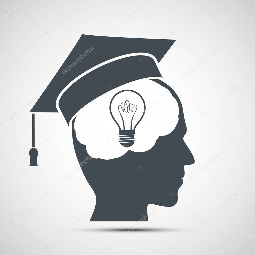 Human head icon with light bulb inside and graduation hat. Logo training and education. Vector illustration