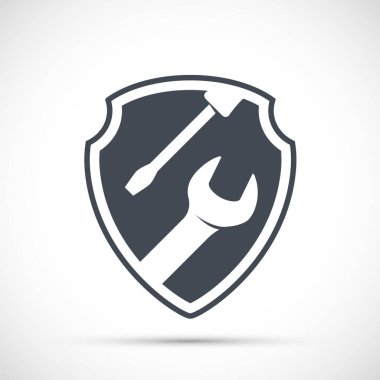 Alet anahtarı ve tornavida kalkanda. Beyaz arka planda logo izole edildi. Vektör simgesi.