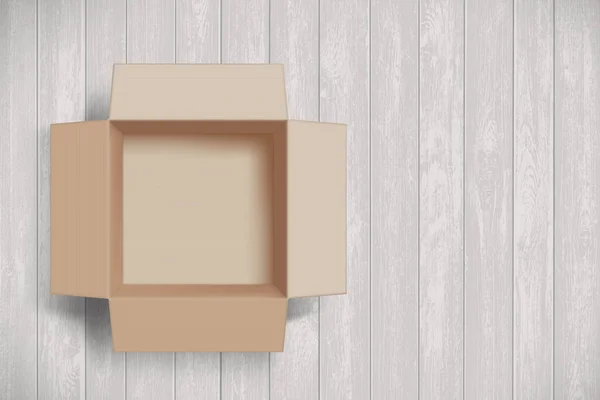 Ανοίξτε Άδειο Χάρτινο Κουτί Στο Ξύλινο Πάτωμα Διακόσμηση Διανύσματος — Διανυσματικό Αρχείο