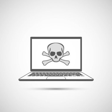 Kafatası ve çapraz kemikler bilgisayar ekranında. İnternette jambon ve siber suçlar. Vektör simgesi