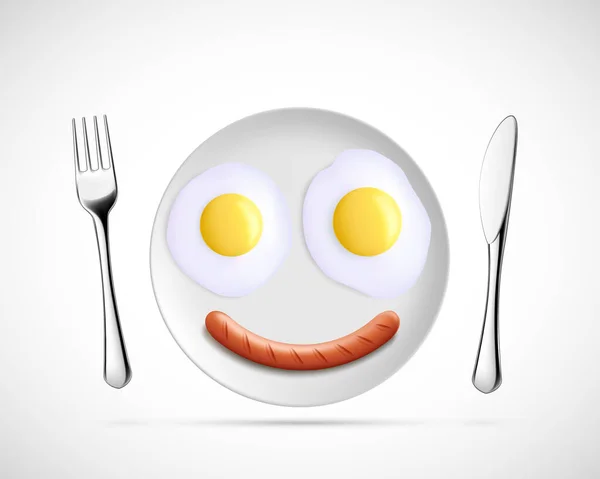 Stekte Egg Med Pølse Form Smiley Tallerkenen Vektorillustrasjon Icon Isolert – stockvektor