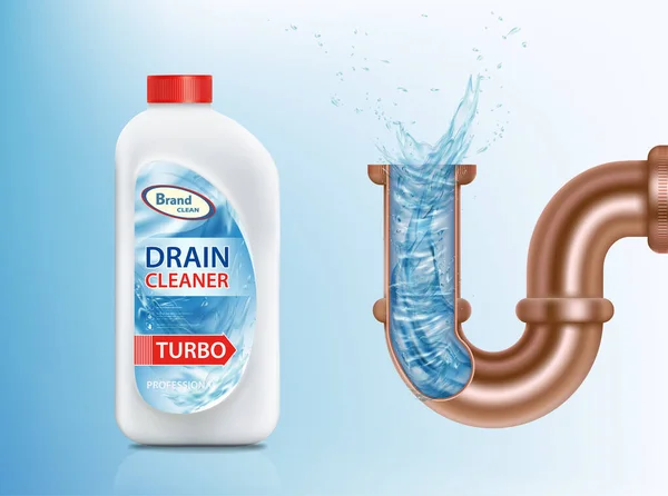 Plastic bottle with drain cleaner and sewer pipe. Packaging template. Vector illustration.