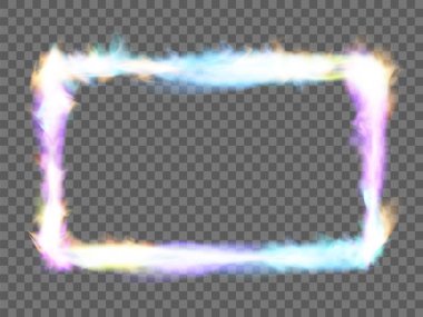 Kopya alanı için neon çerçeve yakılıyor. Şeffaf bir arkaplanda izole edilmiş bir şablon. Vektör illüstrasyonu.