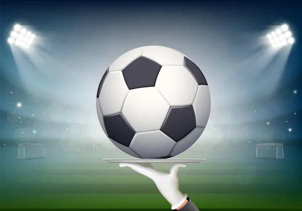 Waiter Holds Dish Soccer Ball Background Stadium Vector Illustration — Stock Vector
