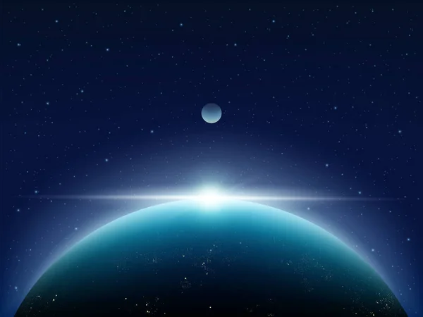 Planeta Tierra Luna Satélite Los Rayos Del Sol Naciente Fondo — Vector de stock