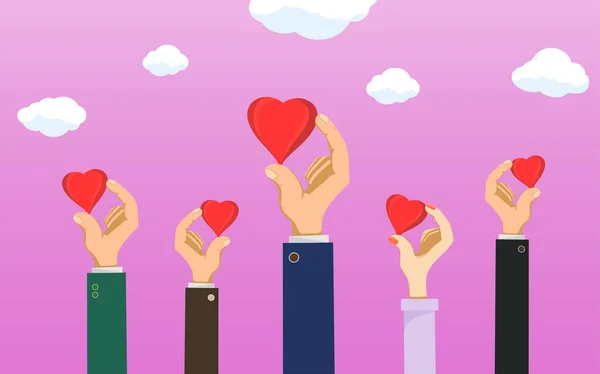 人々は赤い心を手に持っている 愛と慈善の象徴 ベクターイラスト — ストックベクタ