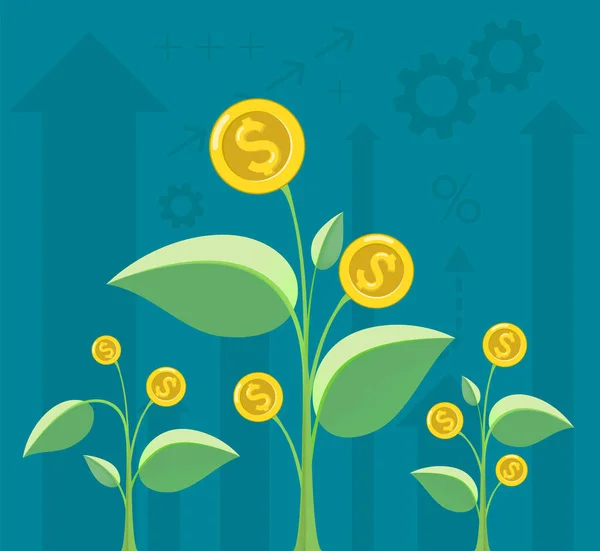 Δέντρο Χρημάτων Φυτό Χρυσά Νομίσματα Επενδύσεις Και Επιχειρηματική Επιτυχία Εικονογράφηση — Διανυσματικό Αρχείο