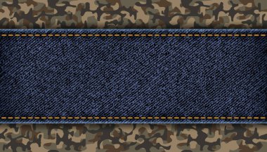 Askeri kamuflaj geçmişinde Denim etiketi ya da etiketi var. Vektör illüstrasyonu.