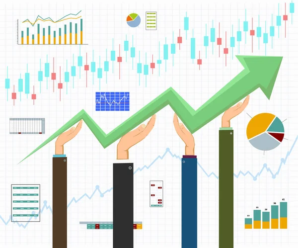 Affärsmän Håller Grön Tillväxt Pil Bakgrunden Finansiella Uppgifter Diagrammet Samarbete — Stock vektor