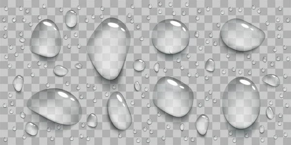 Set Realistic Transparent Water Drops Template Isolated Transparent Background Vector — Stock Vector
