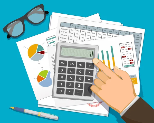 Podnikatel Ukazuje Prstem Kalkulačku Finanční Dokumenty Daně Obchodní Výdaje Vektorová — Stockový vektor