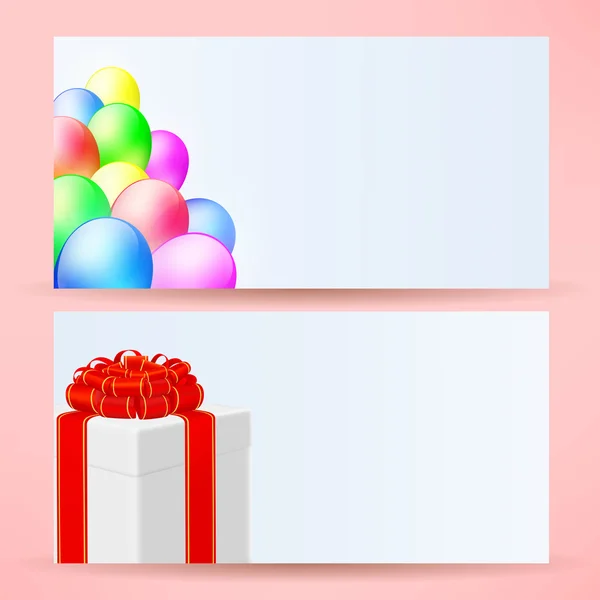 Cartoline con palloncini e regalo — Vettoriale Stock