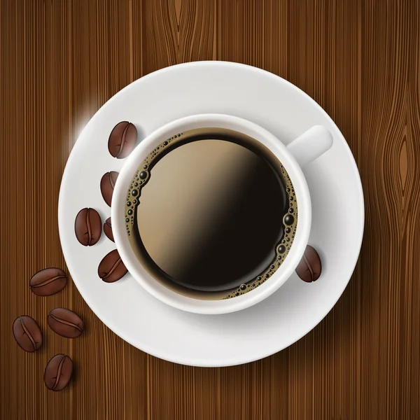Kopp kaffe och kaffebönor på träbord — Stock vektor