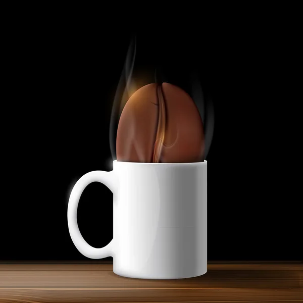 Kopp med kaffe og kaffebønner på svart bakgrunn – stockvektor
