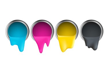 buckets with cyan magenta yellow black paint on a white backgrou clipart