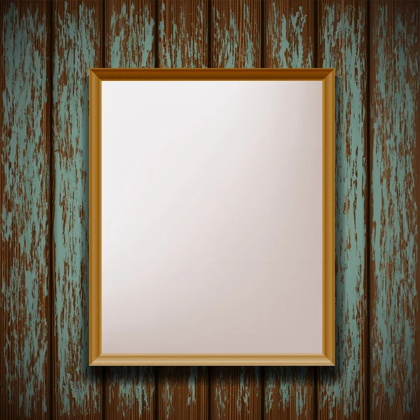 Picture frame hanging on old wooden wall — Stock Vector