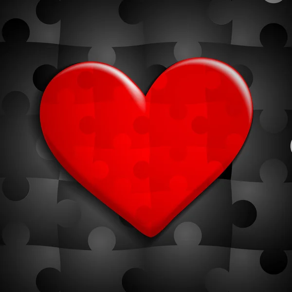 Coeur rouge de puzzle sur un fond de puzzles noirs — Image vectorielle