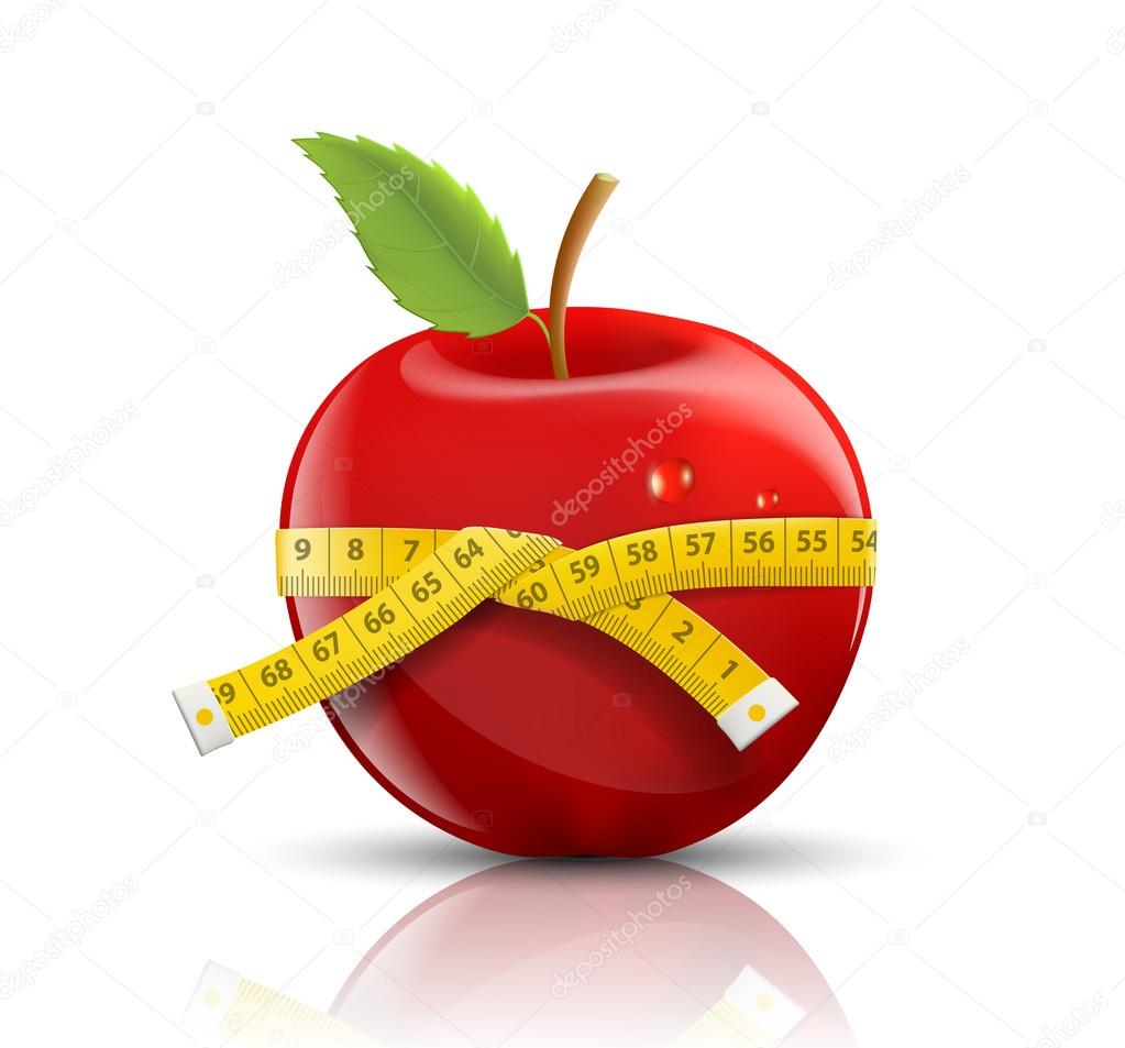 red apple with measuring tape isolated on white background