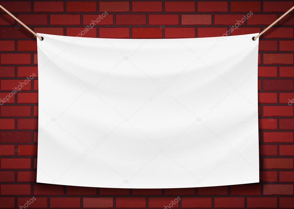 white banner hanging on a brick wall background