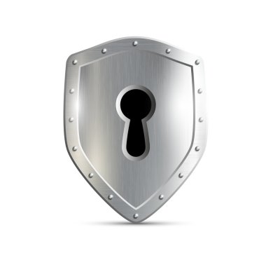 Beyaz arka plan üzerinde izole anahtar deliği ile metal kalkan