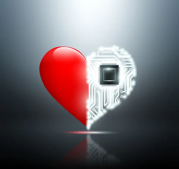 Corazón humano con la placa de circuito dentro — Vector de stock
