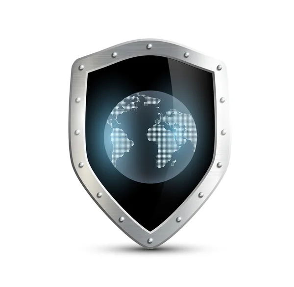 Metal shield with the image of planet earth. isolated on white b — Stock Vector