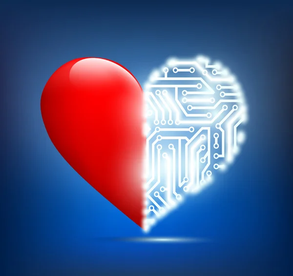 Corazón humano con la placa de circuito dentro — Vector de stock