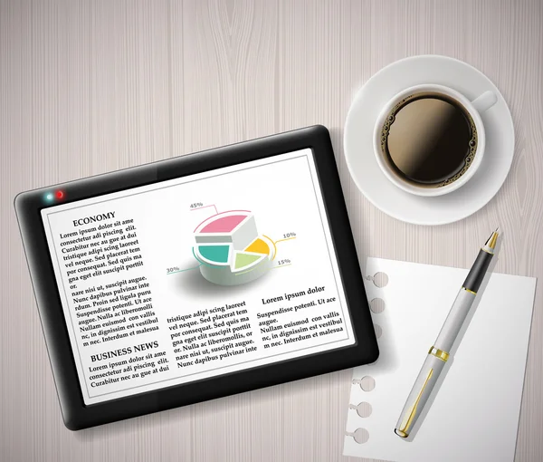 Digitales Tablet mit Infografik und einer Tasse Kaffee — Stockvektor