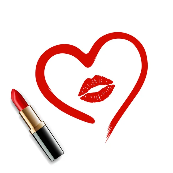 Coeur dessiné en rouge à lèvres et empreinte de lèvre — Image vectorielle
