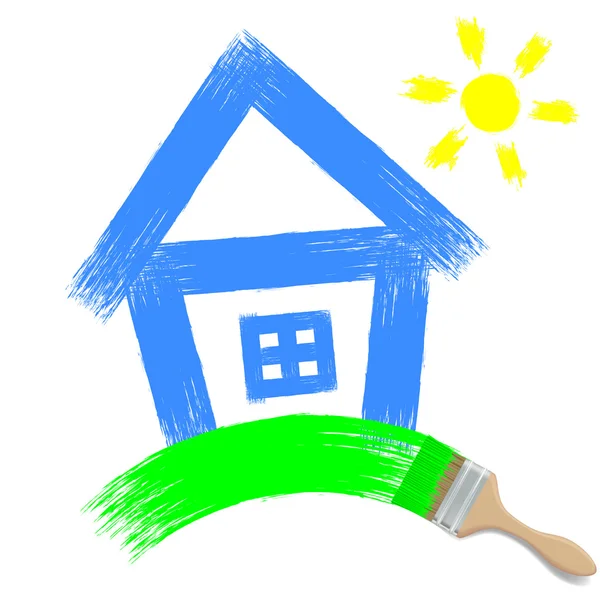 Pincel pintando una casa sobre un fondo blanco — Vector de stock