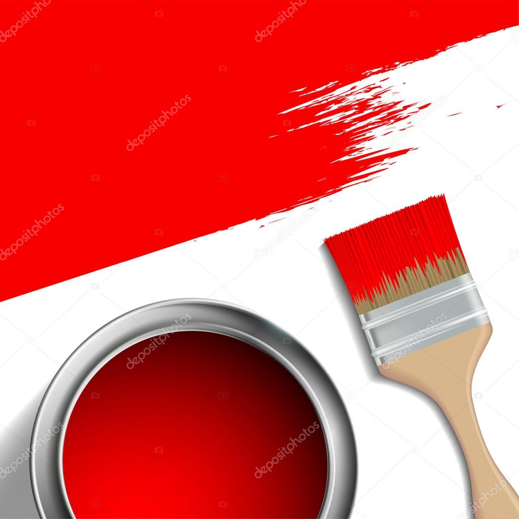 paint brush and a bucket of red paint