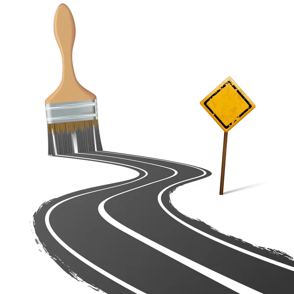 Paint brush draws the road next to a traffic sign — Stock Vector