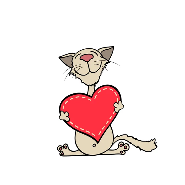 Chaton heureux étreignant un coeur rouge — Image vectorielle