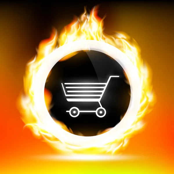 Botón con carrito de compras y llamas rojas — Vector de stock