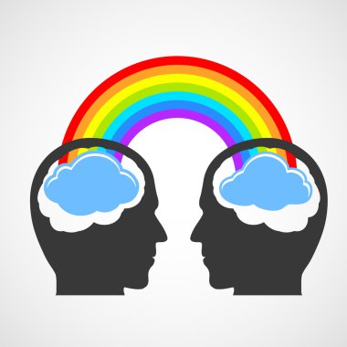 Silhouette of a man's head with a rainbow and clouds. clipart