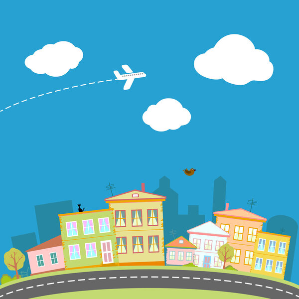 Cartoon city with houses and streets.