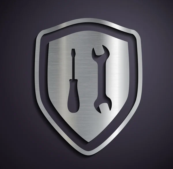 Flat metallic logo shield with tools. — Stock Vector