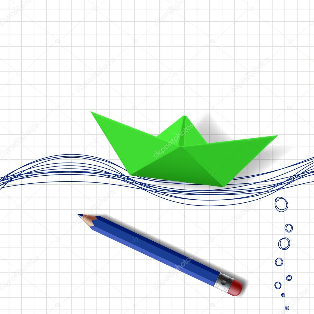 Green paper boat on the water surface, which is drawn with a pen