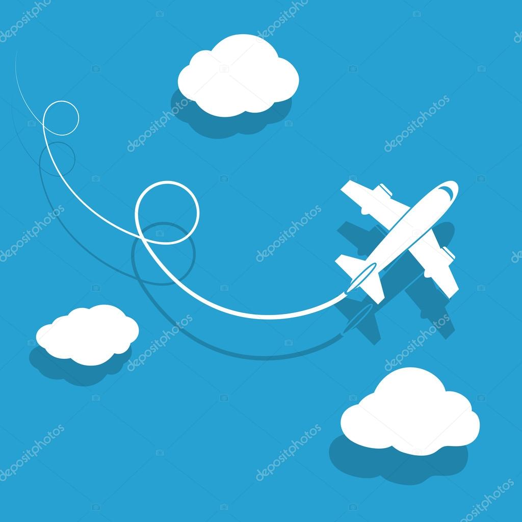 The plane is flying among the clouds. Vector image.