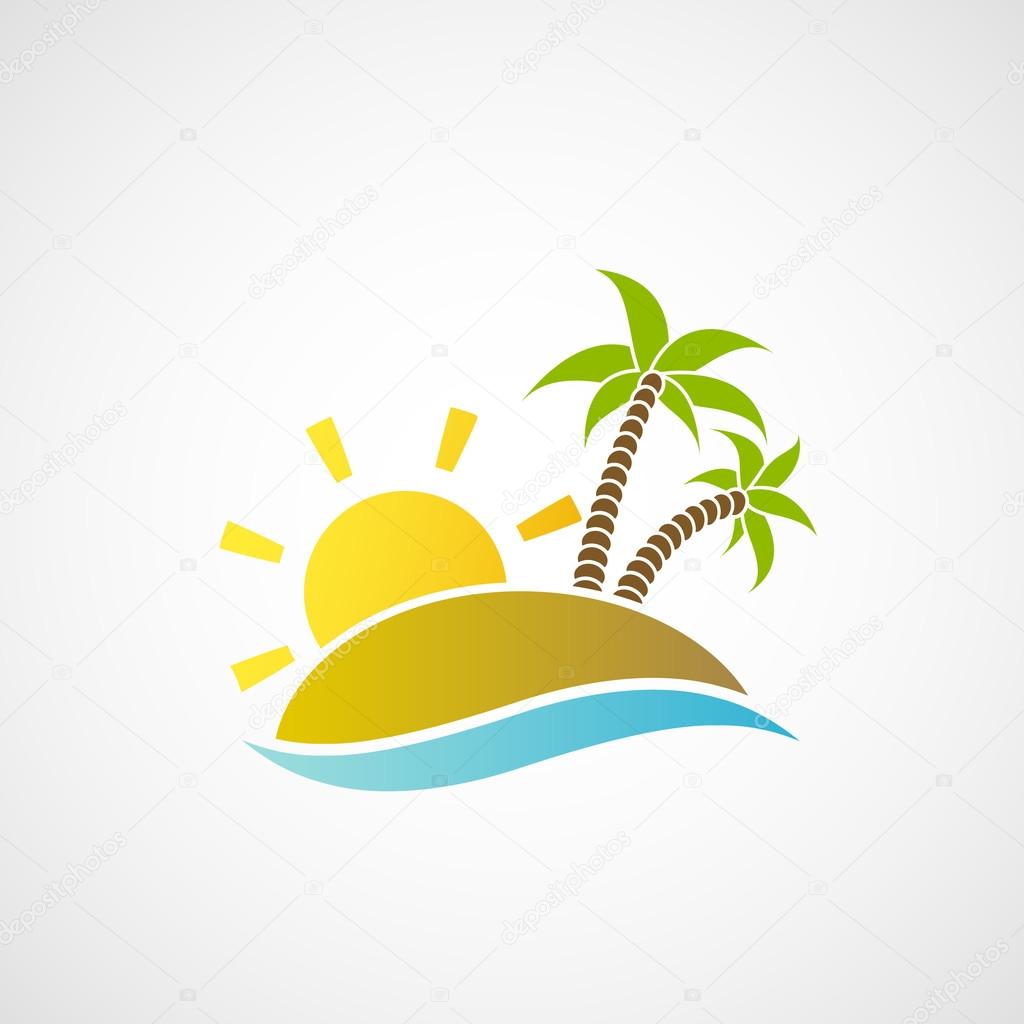 Logo beach with palm trees, the ocean and the sun.