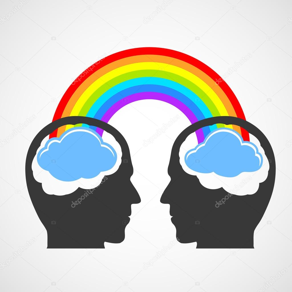 Silhouette of a man's head with a rainbow and clouds.