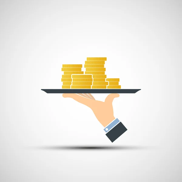 Hand holding a tray with money. — Stock Vector