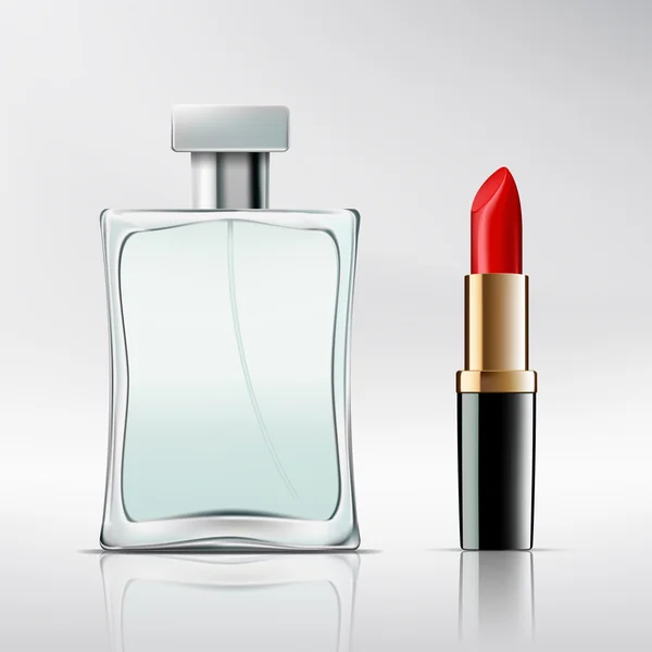 Bouteille de parfum et rouge à lèvres . — Image vectorielle