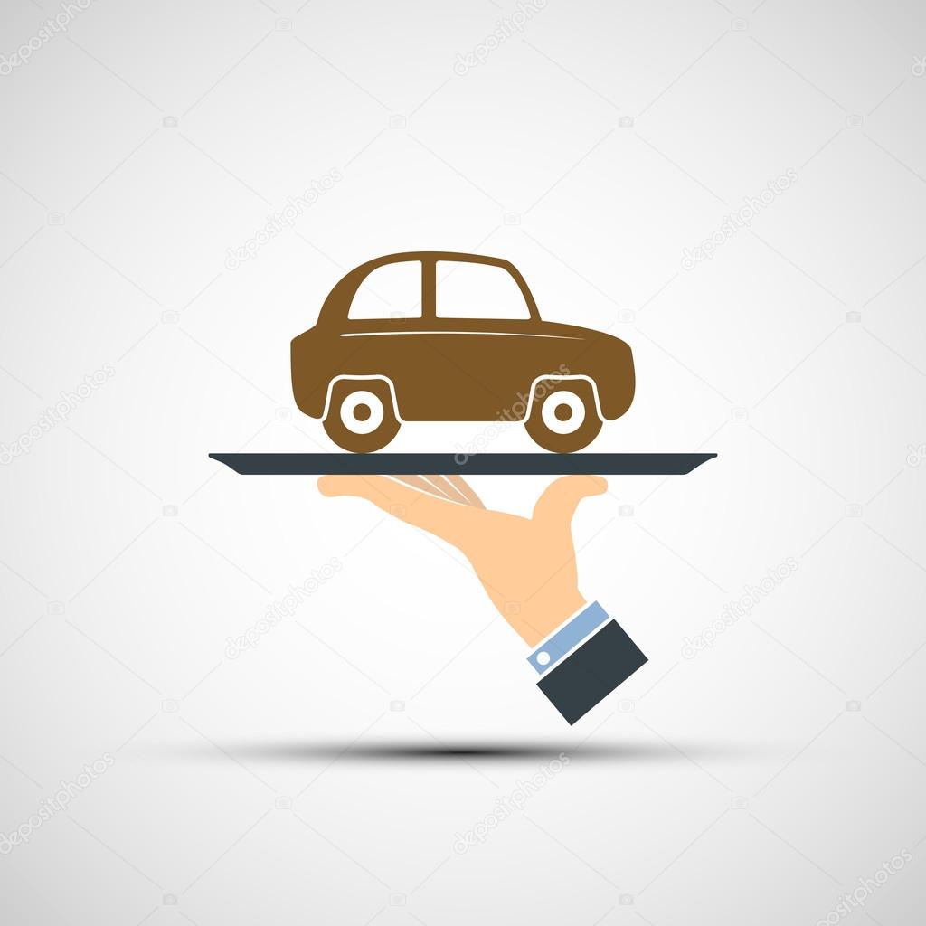 Hand holding a tray with a car. Vector image.