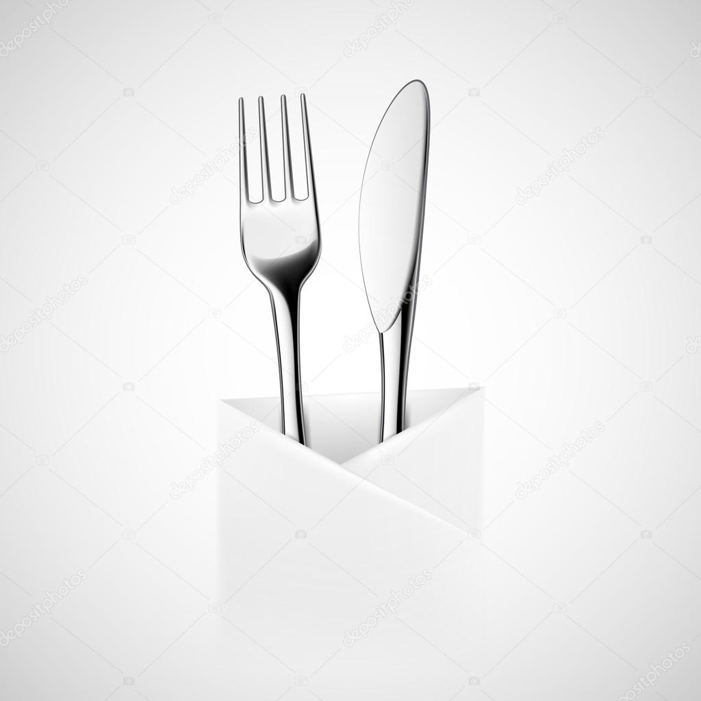 Fork and knife wrapped in a napkin.