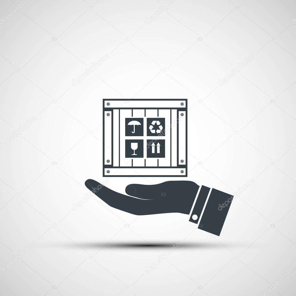 Hand holding a wooden box. Vector image.